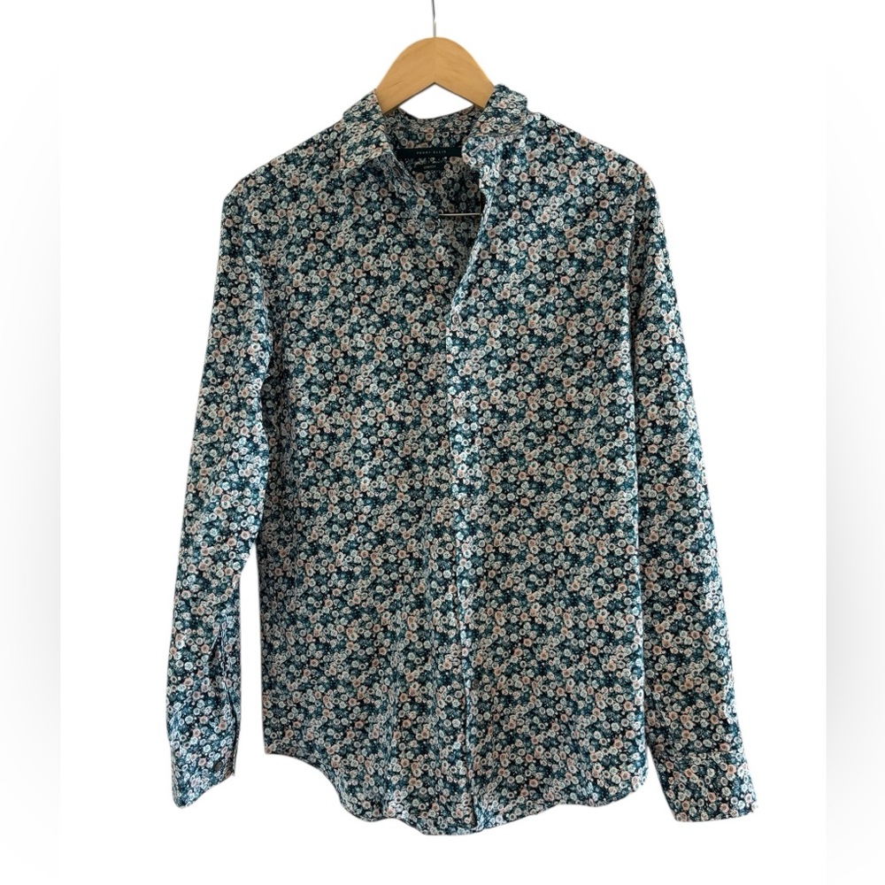 Perry Ellis Floral Button-Down Shirt - Teal and White Size M